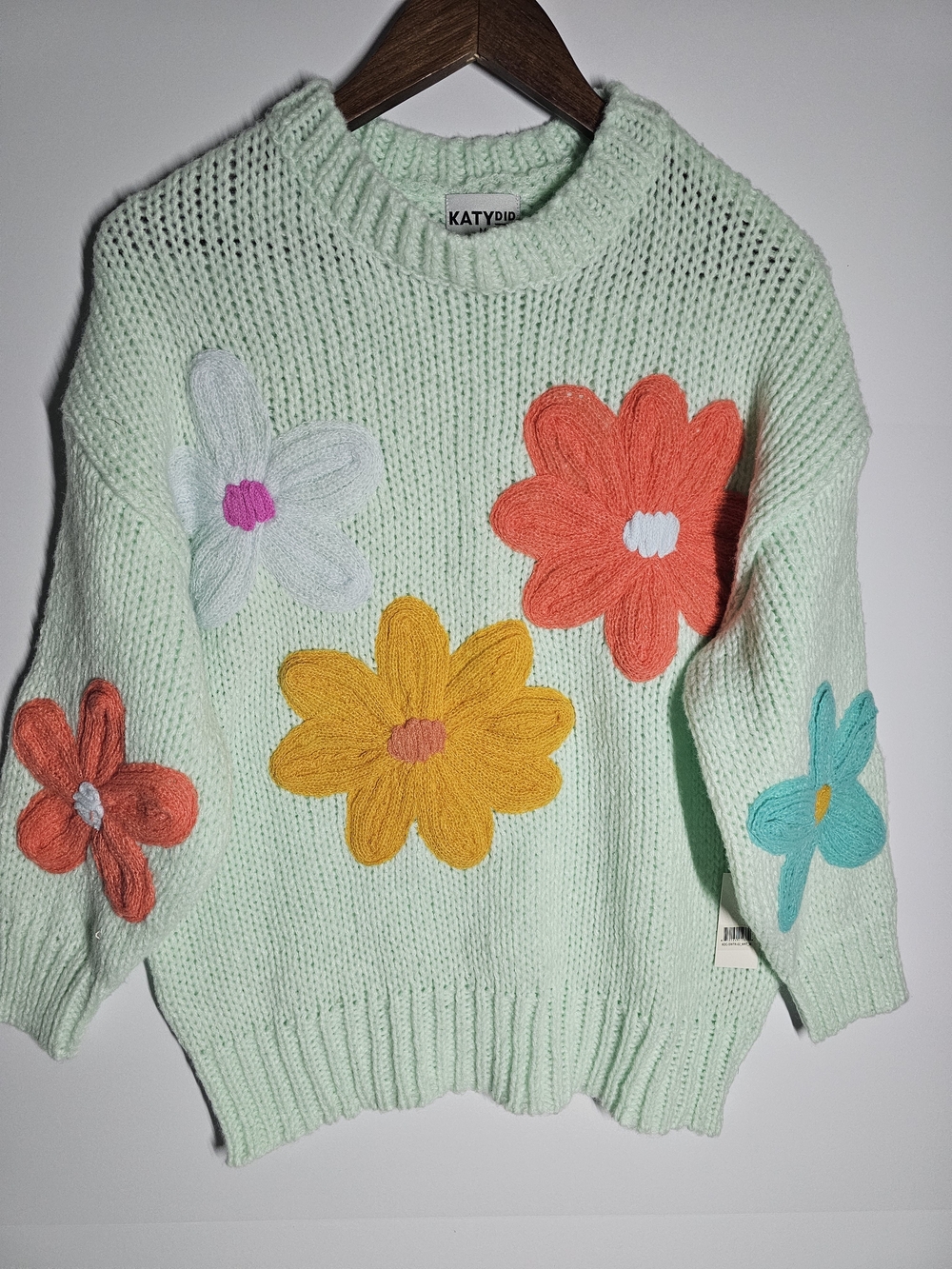 KATYDID Mint Floral Appliqué Knit Sweater